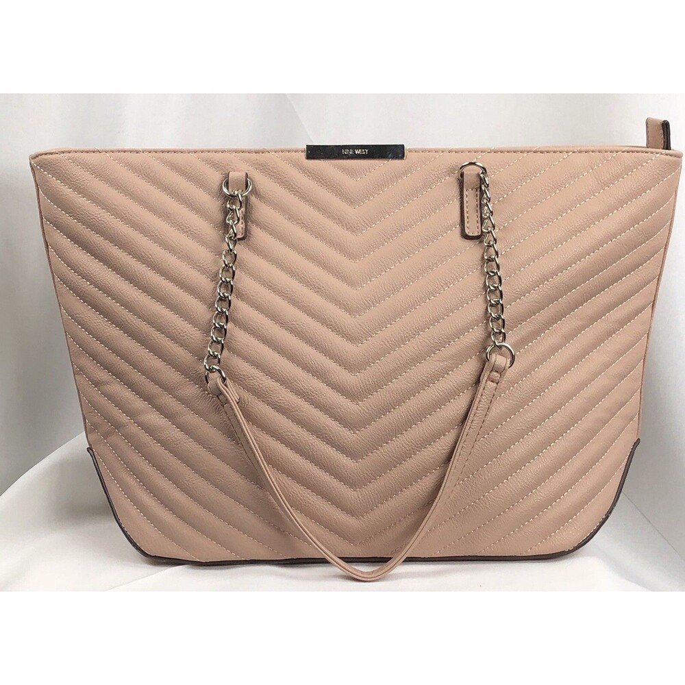 Nine West Quilted Tote LG Handbag Beige Double Chain Handles Faux Leather Purse